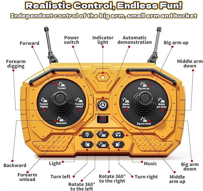 RC Excavator Toys for 3 4 5 6 7 8 Year Old Toddler Boys 15 Channel Remote Control Construction Toys W/Sandbox &amp 2.2 lb Sands Sandbox Toys W/Light &amp Sound Birthday Gift for Kids Boys Age 4-6