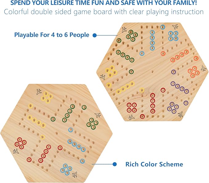 Large Size 20 inches Wood Wahoo Marble Board Game 2 Sided Game 4-6 Player for Friends and Family Party Classic Wahoo Style Strategy Racing Game with 6 Dices30 Marbles (Log)