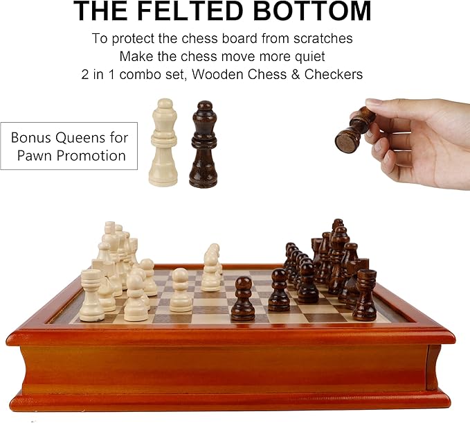 Juegoal 12-Inch Wooden Chess &amp Checkers Set with Storage Drawer Portable Board Games for Kids and Adults