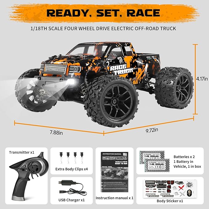HAIBOXING 1:18 Scale RC Monster Truck 18859 36km/h Speed 4X4 Off Road Remote Control CarsWaterproof Electric Powered RC Cars All Terrain Toys Vehicles with 2 Batteries Xmas Gifts for Kid and Adults