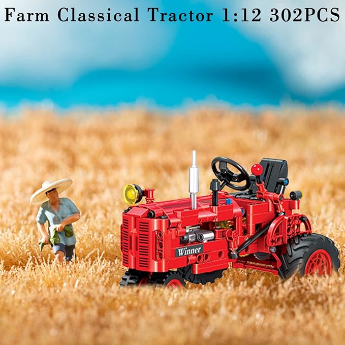 Classic Building Blocks 1/12 Red Tractor Farm Toy Building Set Gift for Kids Ages 6 7 8 9 10 11 12 Includes Shifting Structure Steering Structure Features (Classic Edition)