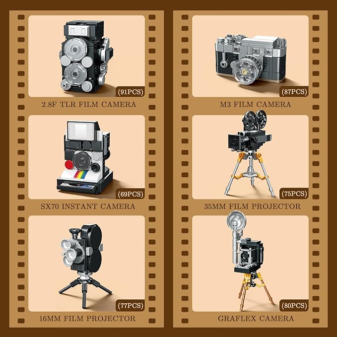 6 in 1 Vintage Camera Building Blocks Set Retro Film Camera Collection Compatible with Lego Camera Models Collectible Desk Decor Gift for Ages 8+