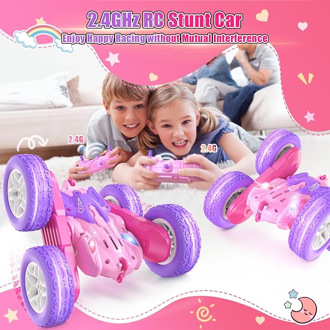 Remote Control Cars for Girls 2.4GHz RC Stunt Car with 360° Flips &amp Double Sided Driving Changeable Wheels LED Headlights Birthday Gift for 5-12 Year Old Girls (Pink)