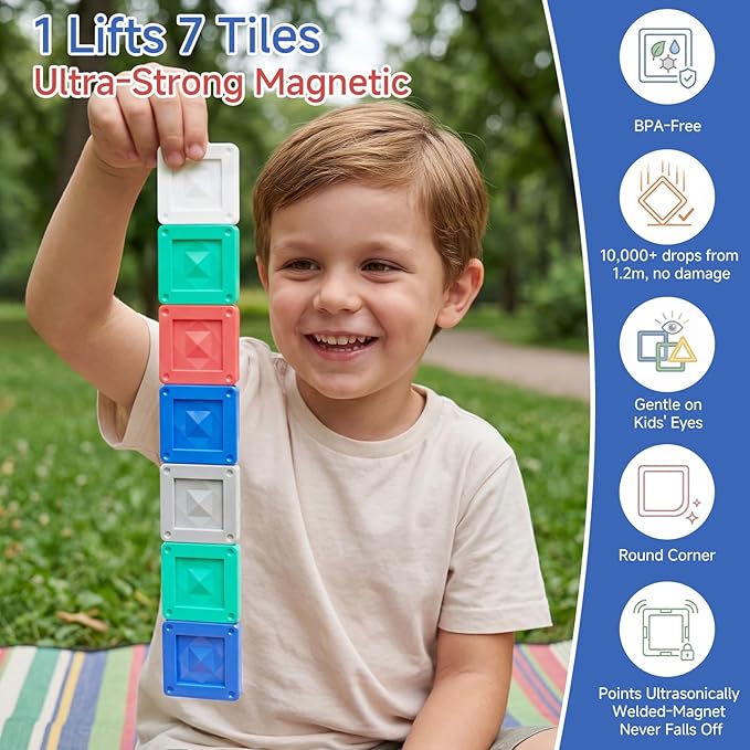 Magnetic Tiles Travel Set 40 PCS Morandi Building Block with Tin Box- 90Mins Quiet Play 45s Cleanup - Airplane Car Trip Activity Toy for Boys Age 3 4 5 6