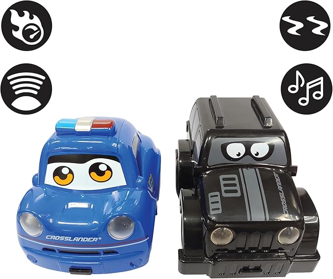 Lexibook Crosslander® Twin Set of 2 Radio-Controlled Cars (Police car Thieves' car) up to 12 km/h Sound and Light Effects 2 Remotes Black/Blue RC12