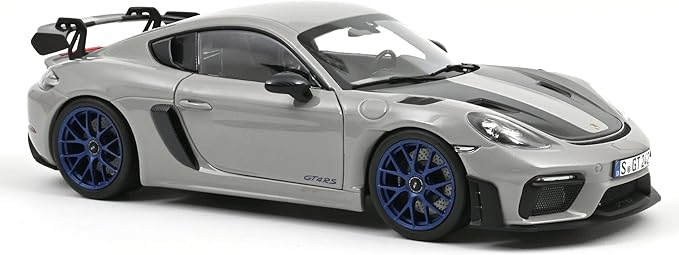 Norev 187253 2023 Porsche Cayman GT4 RS Weissach Pack Chalk Gray with Carbon Hood Stripes 1-18 Scale Diecast Model Car