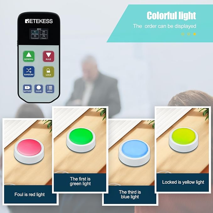 Retekess TM102 Wireless Buzzers for Classroom 10 Players Family Feud Buzzers Large Buttons Show Who Buzzed First Quiz Bowl Answer Buzzers for Game Night School