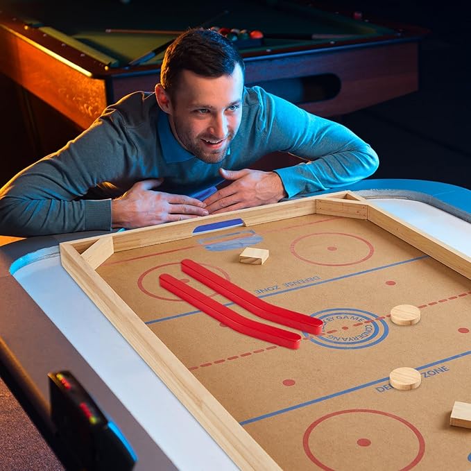 Wooden Tabletop Hockey Game Includes 1 Wooden Game Board 2 Hockey Sticks and 2 Pucks Indoor and Outdoor Sports Board Games for Kids Children Adults Family