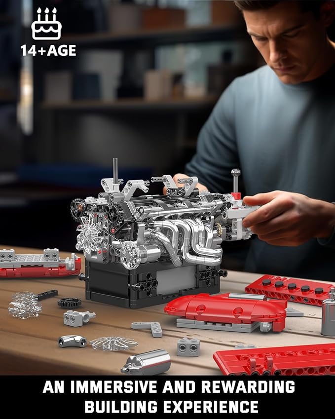 Mould King 10226 Engine Model Kit That Runs- Build Your Own STEM V12 Model Engine with Transmission 12-Cylinder Supercar Engine kit Building Engineering Toys for Adults Collections (863+PCS)