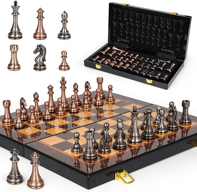 Luxury Metal Chess Set with 15 Inch Wooden Chess Board | Weighted Metal Chess Pieces | 2 Extra Queens | Professional &amp Tournament Style Chess Set for Adults | Elegant Game Room &amp Office Decor
