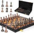 Luxury Metal Chess Set with 15 Inch Wooden Chess Board | Weighted Metal Chess Pieces | 2 Extra Queens | Professional &amp Tournament Style Chess Set for Adults | Elegant Game Room &amp Office Decor