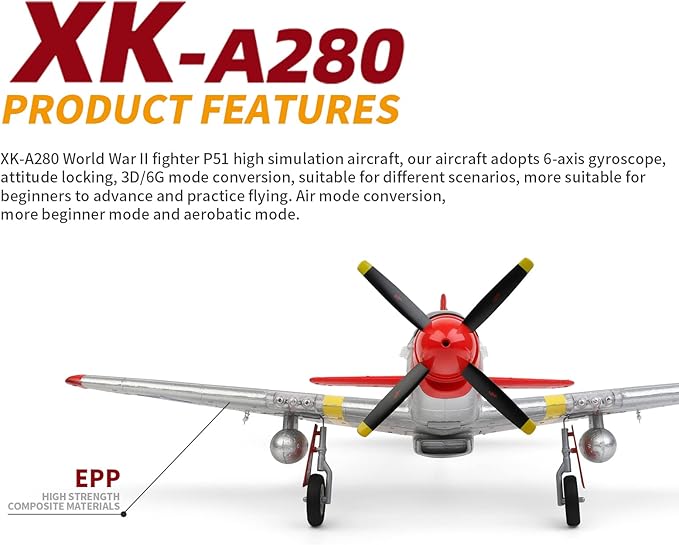 GoolRC WLtoys XK A280 RC Airplane 2.4GHz 4 Channel Brushless Remote Control Plane for Adults RC Aircraft Fighter with 6-Axis Gyro 3D/6G Mode and LED Searchlight Easy to Fly for Beginners