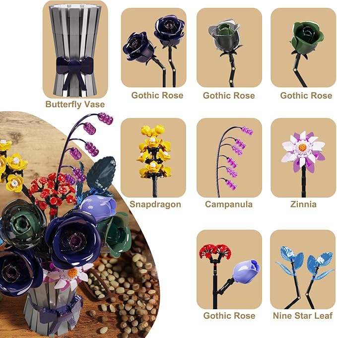 Flowers Bouquet Building Set 982 PCS Multiple Rose Botanical Collection Kit Artificial Flowers Botanical Collection DIY Unique Home&ampOffice Bonsai Decoration Gift for Valentine's Day Christmas