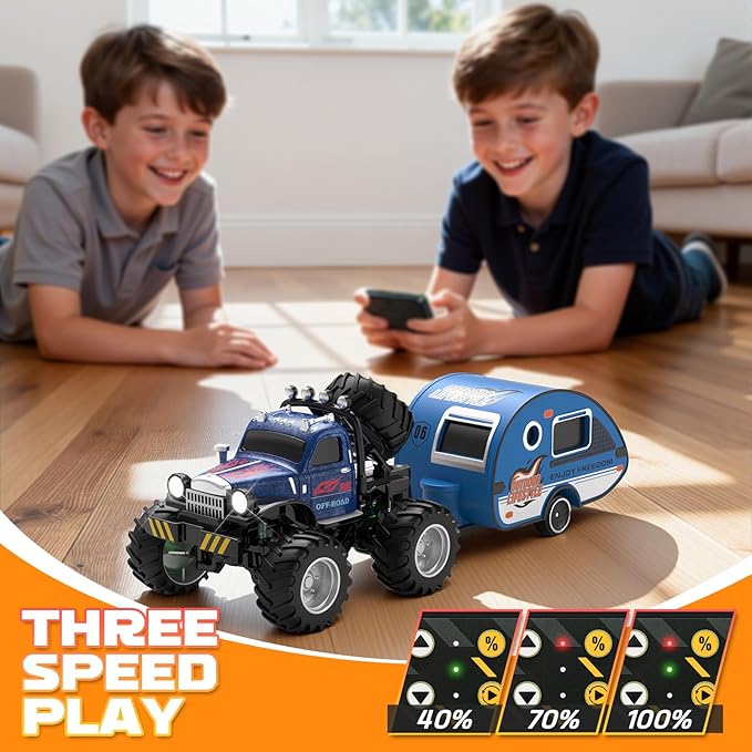Snugzy Mini RC Car 1:64 Scale RC Truck for Kids with Trailer 2.4Ghz Remote Control Rechargeable RC Cars Toy Gifts for Boys Girls Adult (Blue)