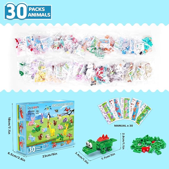 30 Packs Animal Party Favors for Kids 810 PCS Mini Animal Building Block Toy Set for Goodie Bag Fillers Classroom Prizes Easter Birthday Children's Day for Boys Girls Student Ages 6+