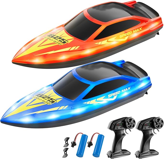 Remote Control Boat for Kids RC Boat for Pool Lake River and Pond with LED Lights Self-Righting Waterproof Fast Speed Racing Electric Boats 2 Speed Modes 60mins Rechargeable Batteries