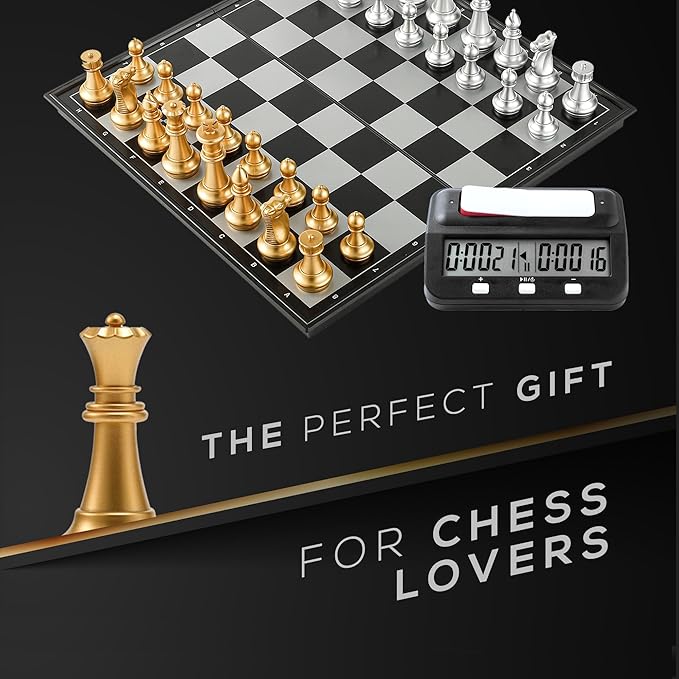 Magnetic Chess Game &amp Digital Clock Timer Set - Professional and Portable 14 x 14 Travel Chess Board Games