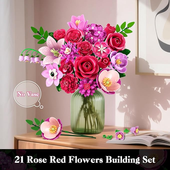 Flowers Bouquet Building Set with LED - 21 Rose Red Botanical Collection Kit for Adults Women Easter Gift for Her/Wife/Girlfriend/Mom 832 PCS Artificial Flower Plant for Home Decor