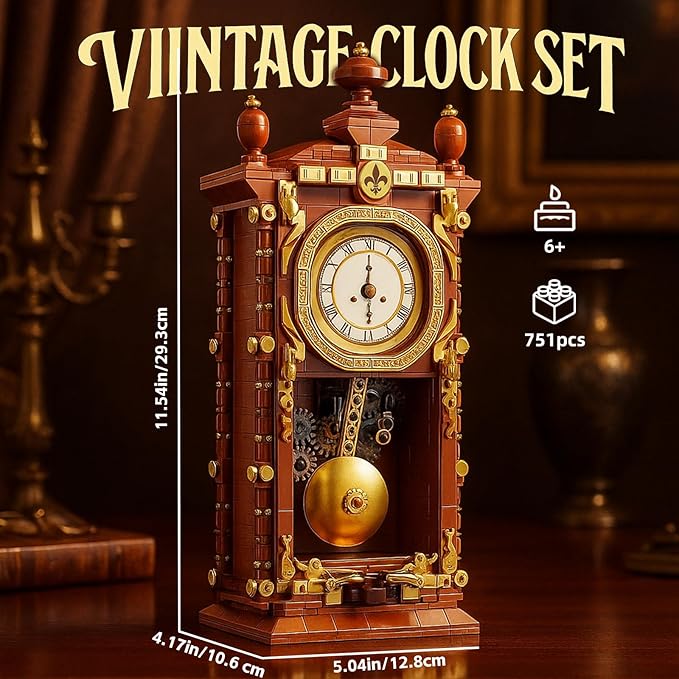 Retro Clock Building Block Set Mechanical Pendulum Vintage Clock Toy with Real Functional Timepiece &amp Moving Gears Home Decor &amp Housewarmings Gift for Man Woman &amp Adults Kids Ages 6+ (75