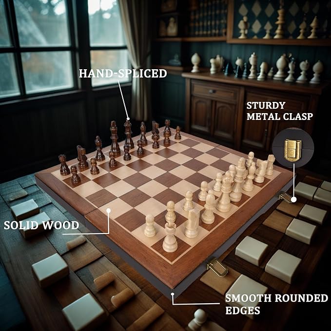 Chess Magnetic Wooden Chess Set 15 Unique Chess Board Game with Chess Pieces Storage Slots Tournament Portable Folding Travel Chess Sets for Kids Adults Beginner and Pros 2 Extra Queens
