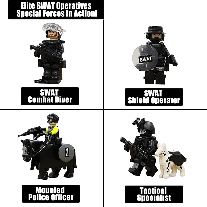 SWAT Set with 12 SWAT Officers 2 Mounted Police with Horse – 1 Helicopter 1 Armored SWAT SUV Vehicleand 2 MotorcycleSafe &amp Durable ABS – Great Gift for Kids Boys and Collectors