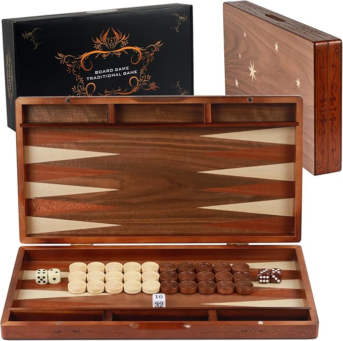 Handcrafted Wooden Backgammon Set 16 Large Size Classic Two-Player Strategy Board Premium Travel Game Board for Adults &amp Teenagers