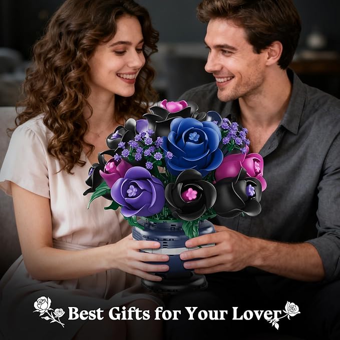 Flowers Botanicals Building Set - Artificial Purple Black Rose Bonsai Plant for Home Decor 507PCS Artificial Flowers Building Set Indoor Gothic Decoration Easter Birthday Gifts for Adults