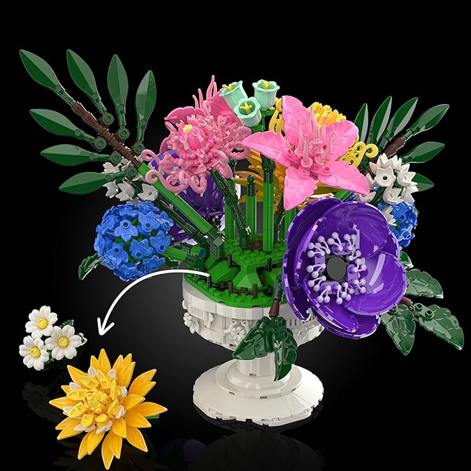 Botanicals Flower Bouquet Building Set - Includes Hydrangeas Snapdragons Peonies &amp More Artificial Flower Arrangement Toy with Vase Mother‘s Day Gift for Girls (1081PCS)