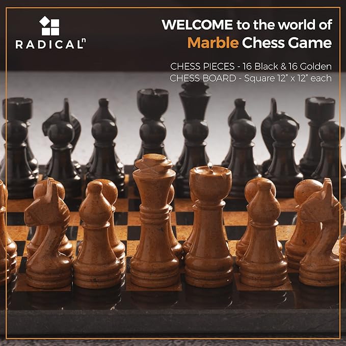Radicaln Marble Chess Set 12 Inches Black and Golden Handmade Chess Board Adult Games - Portable Tournament Chess Set - 1 Chess Board &amp 32 Pieces - Travel Board Games
