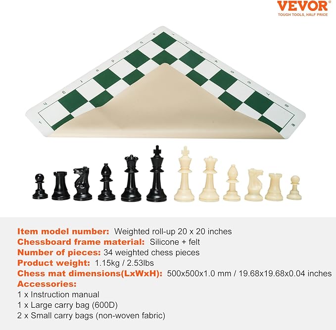 VEVOR Tournament Chess Set 20 Inch Roll-Up Beginner Chess Board Foldable Silicone Chess Game with Plastic Weighted Chess Pieces &amp Storage Bag Portable Travel Chess Board Gift for Adult Kid Fami