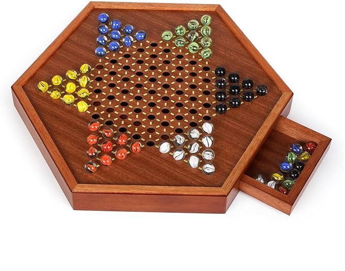 15-Inch Wooden Chinese Checkers Board Game Set – Classic Strategy Game with 72 Glass Marbles Dual-Sided Storage Drawer Family Board Games for Adults Educational Travel and Indoor Game