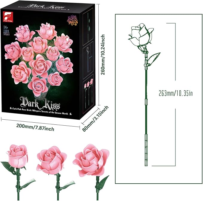 Rose Bouquet Building Set Rose Botanical Collection Blocks KitArtificial Flowers Compatible with Lego for Adults Women Teengirls - Gift for Valentine's Day - Gothic Home Decor (Pink)