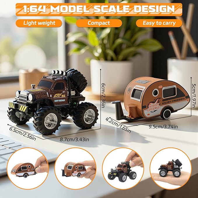 Snugzy Mini RC Car 1:64 Scale RC Truck for Kids with Trailer 2.4Ghz Remote Control Rechargeable RC Cars Toy Gifts for Boys Girls Adult (Brown)