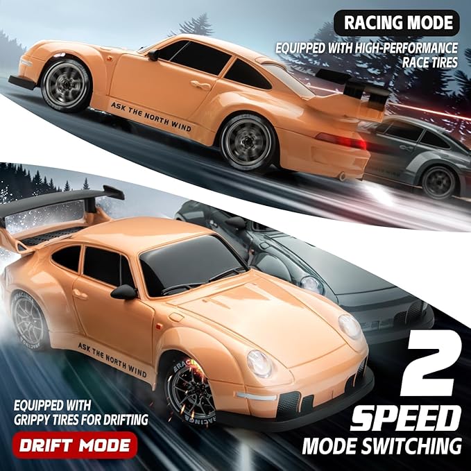 RC Drift Car 1:24 Scale Remote Control Vehicle with LED Lights 2.4GHz 20KM/H 4WD High Speed RC Cars Drifting Tires＆Two Batteries. (Orange)