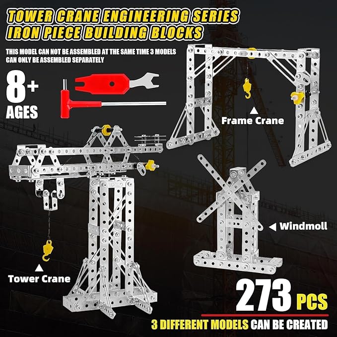 Building Toys Model Set 273PCS - Tower Crane Frame Crane &amp Windmill 3 in 1 Metal Kit DIY Building STEM Projects Educational Assembly Metal Toys