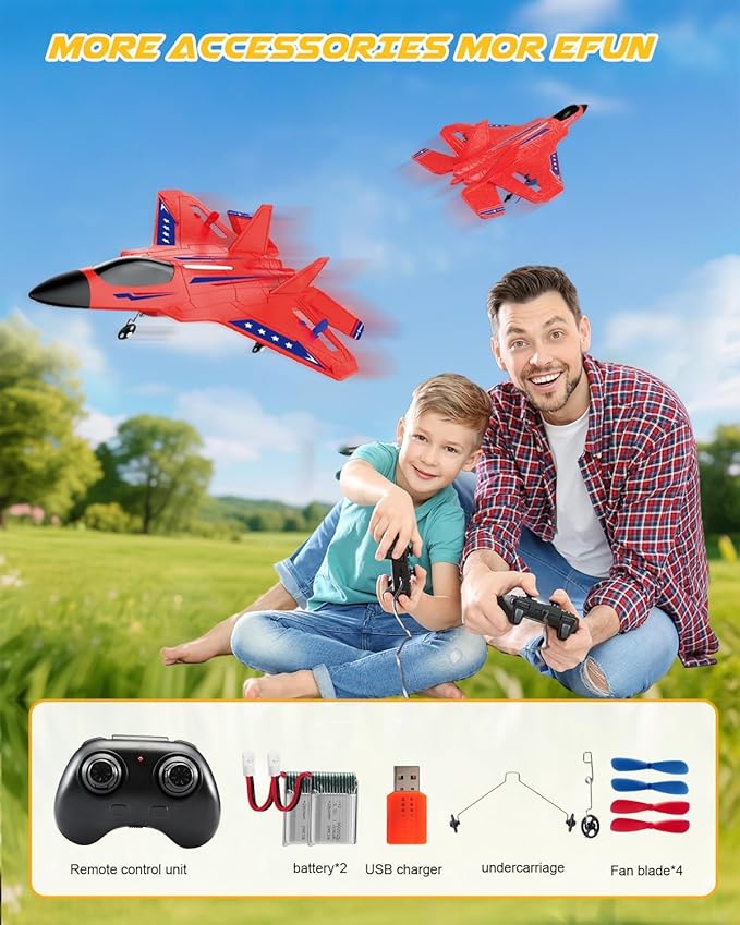 F22 RC Airplane 2.4GHz Remote Control Jet with Gyro Stabilizer LED Lights 2 Batteries Easy to Fly for Kids Boys Adults Beginners (Red)