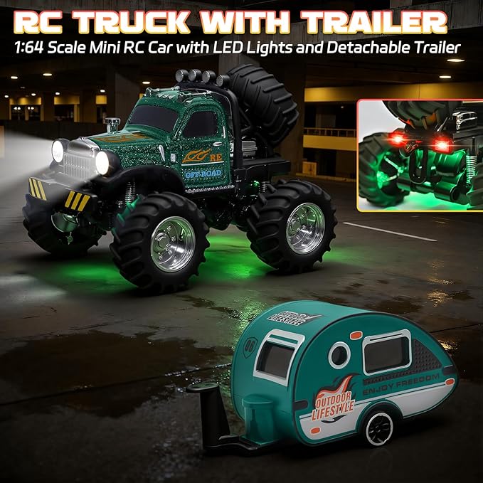 Snugzy Kids Mini RC Car 1:64 Scale RC Truck with Trailer 2.4Ghz Remote Control Rechargeable RC Cars Toy Gifts for Boys Girls (Green)