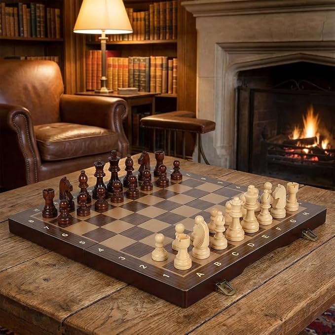 15-Inch Magnetic Wooden Chess Set with 2 Extra Queens – Handcrafted Foldable Board Game for Adults Beginners