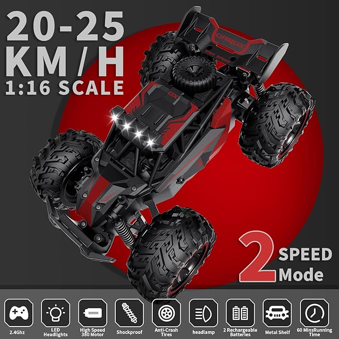Carox Remote Control Car 2.4GHz 25KM/H High Speed RC Car 1:18 Off-Road Monster Truck with LED Lights and 1800mAh Rechargeable Battery – Ideal Gift for Boys 6+
