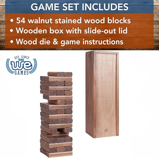 WE Games Wooden Block Stacking Party Game for Adults Tumble Tower Wedding Guest Book Alternative Tabletop Games Includes Storage Case 12 inches