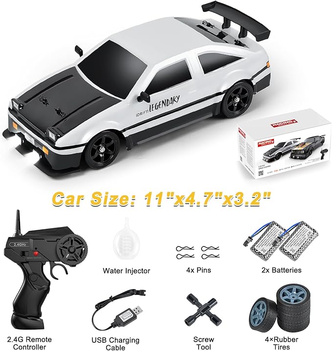 Mostop RC Drift Car 1:16 2.4Ghz Remote Control Drift Car with LED Light Spray 2 Batteries and Extra Tires 18KM/H High Speed Drifting RC Cars 4WD Hobby RC Sport Racing Cars Model Vehicle for Kids