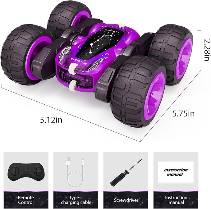 Tecnock Remote Control Car for Kids 2.4GHz RC Cars with USB-C Easy Charging 4WD Double Sided 360° Rotates and Flips RC Stunt Car Toys Gift for Boys and Girls Ages 6-8 8-12