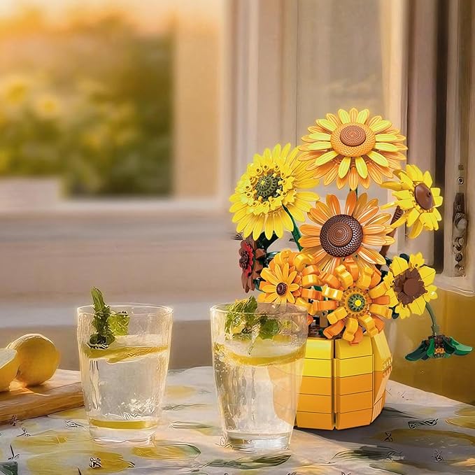 Sunflower Building Set Flowers with Vase for Adult Compatible with Lego Flowers 1009pcs Art Bonsai Botanical Collection for Home/Office Decor Gifts for Mother's Day and Valentine's Day