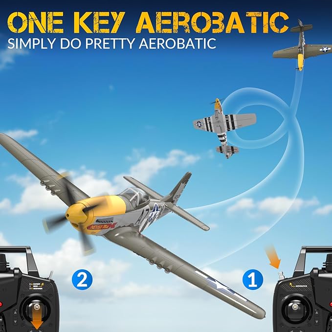 VOLANTEXRC Brushless 4CH RC Plane P51D Mustang 500mm Remote Control Airplane Fighter RTF with 6-Axis Gyro 3 Modes &amp Aerobatics 2.4GHz Radio Controlled Aircraft for Beginners &amp Adults