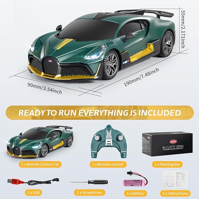 MIEBELY Remote Control Car - 1/24 Scale Fast Rc Race Car Bugatti Divo 3.7V 500 mAh Toys with Headlight Racing Hobby Model Birthday Ideal Gifts for Adults Kids Boys Age 6 7 8 9 Year Old