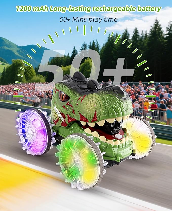 Amphibious Remote Control Monster Truck 4WD All Terrain Off-Road Dinosaur Truck with Water Gun 1:18 Scale RC Cars with Lights &amp Music 2.4 GHz Waterproof RC Dinosaur Car for Boys 4-7 Gifts