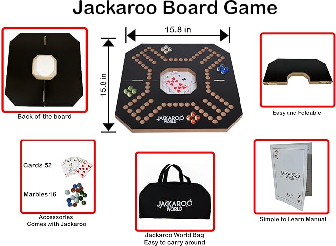 Jackaroo Board Game 2-4 Player Cards and Marbles Board Game Solid Wooden Game with 16 Glass Marbles and 52 Cards Marble Strategy Game Jokers and Marbles Game Foldable Board with Carry Bag (Black)