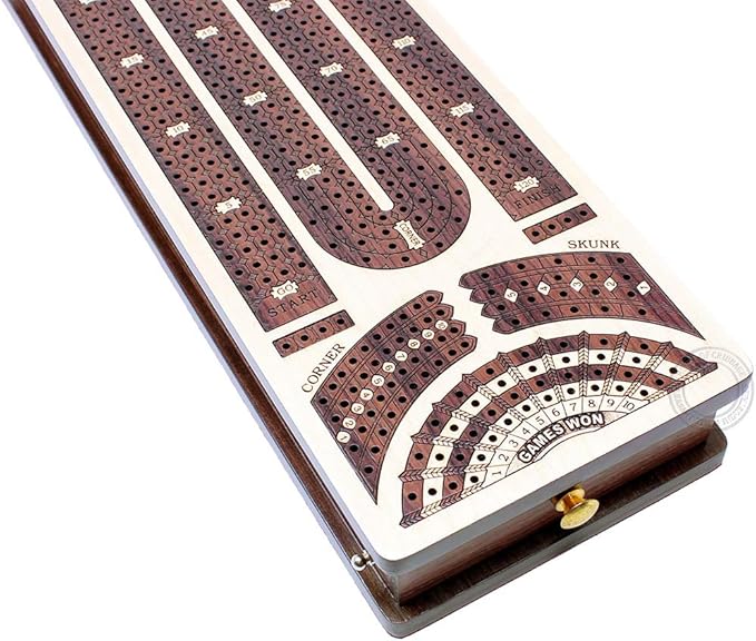 House of Cribbage - Continuous Cribbage Board/Box Inlaid in Maple/Rosewood : 4 Track - Side Drawers with Score Marking Fields for Skunks Corners and Won Games