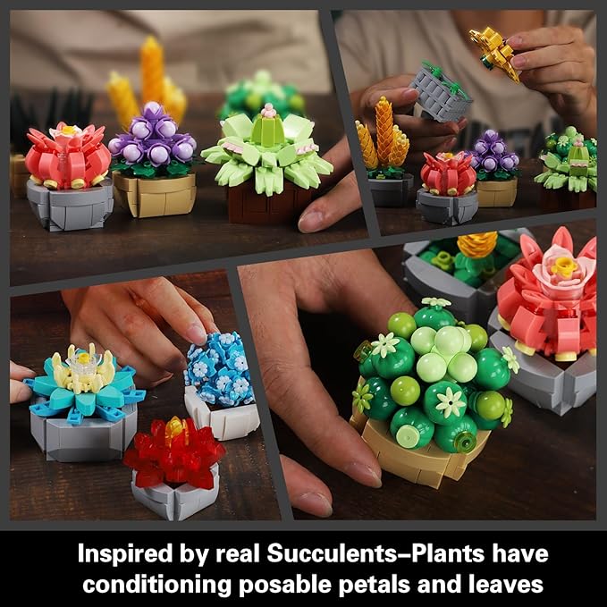 Flowers Succulents Building Sets 12 Tiny Plants Office Home Decor Botanical Collection Building Block Toy Creative Birthday Housewarming Gifts Artificial Plant Kit for Kids Adults Women (1174 PCS)