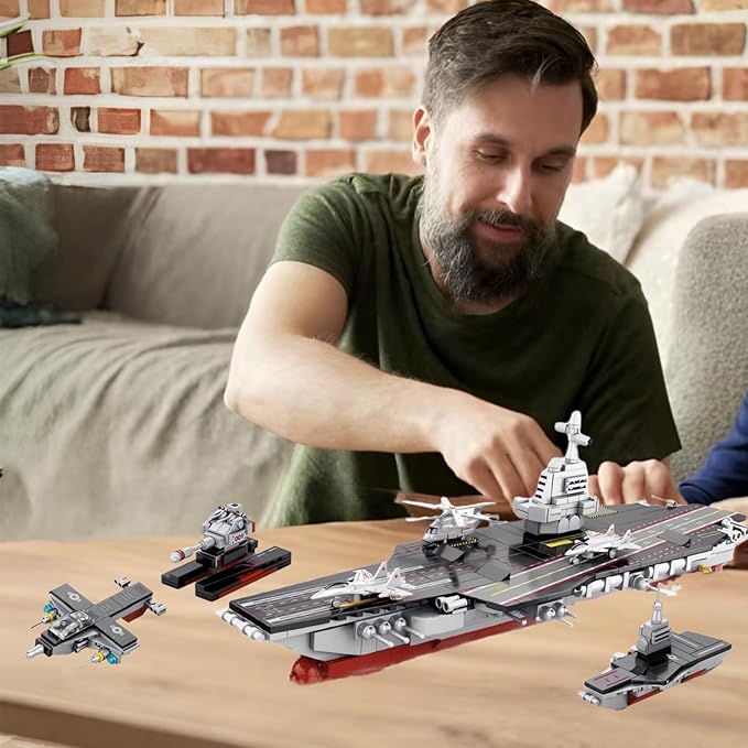 8 in 1 WW2 Aircraft Carrier Building Set Military Cruiser Ocean Battleship Toy with Helicopter &amp Boat (25 Warship Models) 562 Pieces Naval Gifts for Adults Man Teens 14+